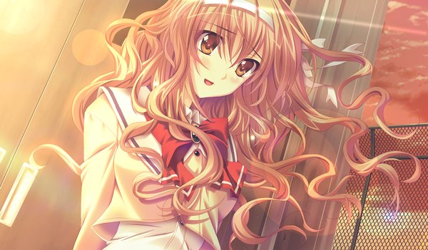 Anime picture 1024x600 with houkago kitchen long hair blush brown hair wide image brown eyes game cg evening sunset girl uniform bow school uniform