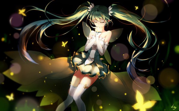 Anime picture 3181x1968 with vocaloid hatsune miku luo qingyu single fringe highres wide image twintails bare shoulders signed eyes closed long sleeves very long hair hair flower pointy ears aqua hair zettai ryouiki light covered mouth hands clasped