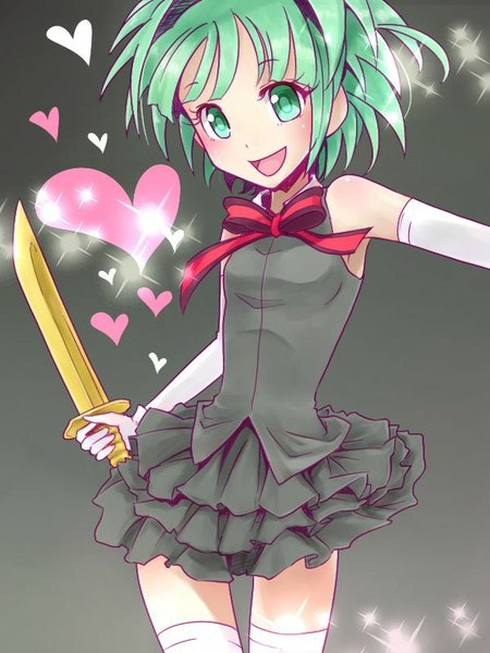 Anime picture 600x800 with ansatsu kyoushitsu kayano kaede tama (esideliso) tall image looking at viewer blush fringe short hair breasts simple background green eyes parted lips green hair grey background lens flare happy glow girl thighhighs dress