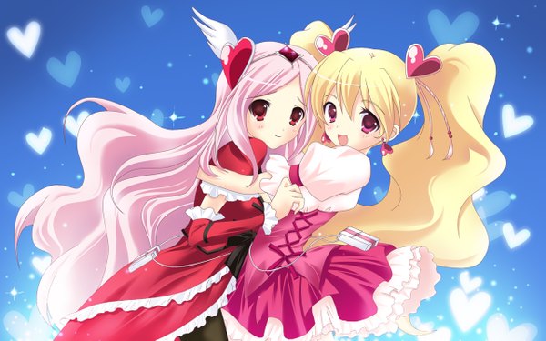 Anime picture 1280x800 with futari wa pretty cure fresh precure! higashi setsuna momozono love cure peach cure passion tsukiji long hair blonde hair red eyes wide image twintails multiple girls pink hair pink eyes frilled dress head wings girl dress 2 girls