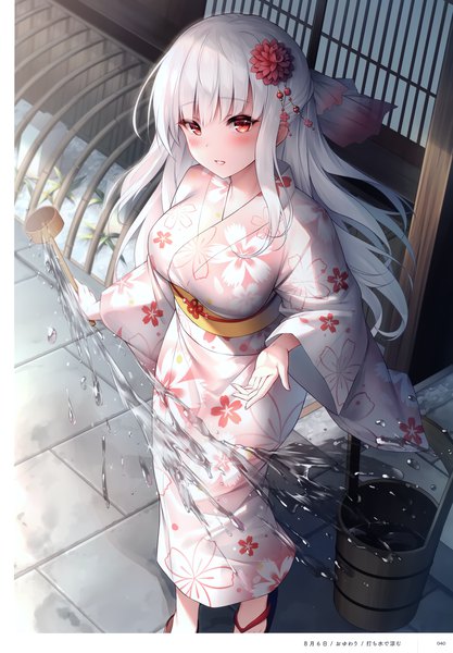 Anime picture 2406x3464 with original oyuwari single long hair tall image looking at viewer blush fringe highres breasts light erotic smile hair between eyes red eyes standing holding signed silver hair outdoors traditional clothes