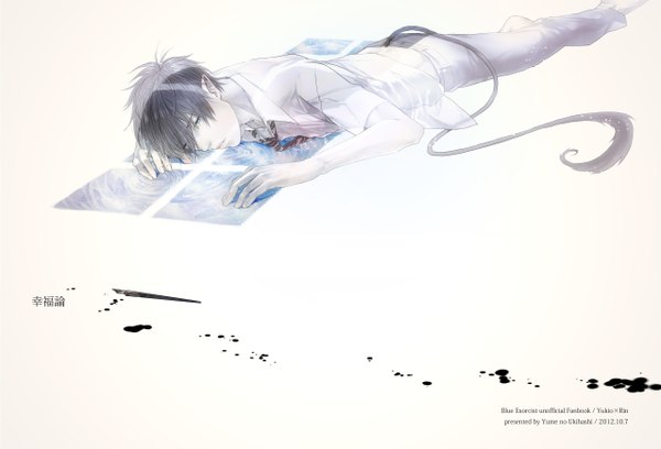 Anime picture 2556x1739 with ao no exorcist a-1 pictures okumura rin hitaki azami single highres short hair open mouth blue eyes tail lying barefoot pointy ears inscription no shoes hieroglyph on stomach open collar dark hair boy