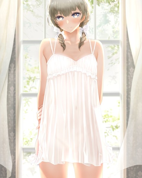 Anime picture 1800x2250 with original giba (out-low) single long hair tall image looking at viewer blush fringe highres blue eyes brown hair standing bare shoulders indoors braid (braids) light smile twin braids hands behind back holding arm girl