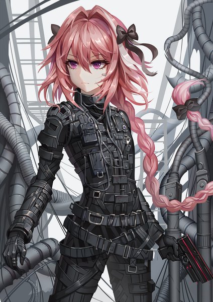 Anime picture 1060x1500 with fate (series) fate/apocrypha blame! astolfo (fate) aaeru single long hair tall image fringe hair between eyes standing purple eyes holding looking away pink hair braid (braids) long sleeves multicolored hair two-tone hair streaked hair