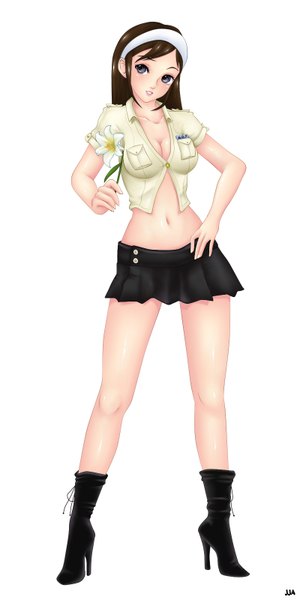 Anime picture 800x1600 with original khalitzburg single long hair tall image blush black hair grey eyes legs hand on hip girl skirt navel flower (flowers) miniskirt
