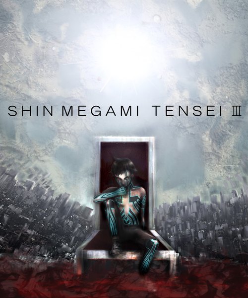 Anime picture 1500x1800 with shin megami tensei shin megami tensei nocturne hitoshura nira (nira box) single tall image short hair black hair sitting yellow eyes tattoo facial mark glowing topless face paint boy blood pants chair