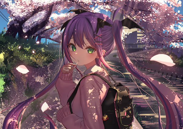 Anime picture 4093x2894 with virtual youtuber hololive tokoyami towa inaba teitoku single long hair looking at viewer fringe highres hair between eyes twintails green eyes absurdres purple hair upper body outdoors piercing cherry blossoms ear piercing girl