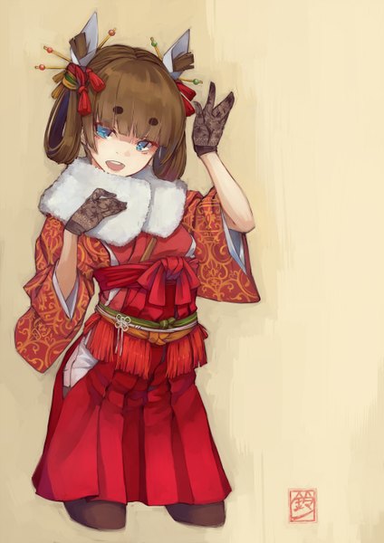 Anime picture 1000x1414 with original suzuno (bookshelf) single long hair tall image looking at viewer fringe open mouth blue eyes smile brown hair standing twintails traditional clothes japanese clothes teeth girl gloves hair ornament pantyhose