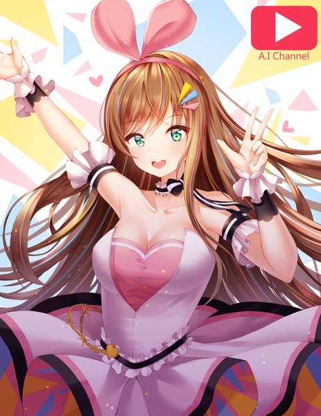 Anime picture 3500x4543 with virtual youtuber a.i. channel kizuna ai kizuna ai (anniversary) kotomaru (sirouko9511) single long hair tall image looking at viewer blush fringe highres breasts open mouth hair between eyes brown hair large breasts standing bare shoulders green eyes