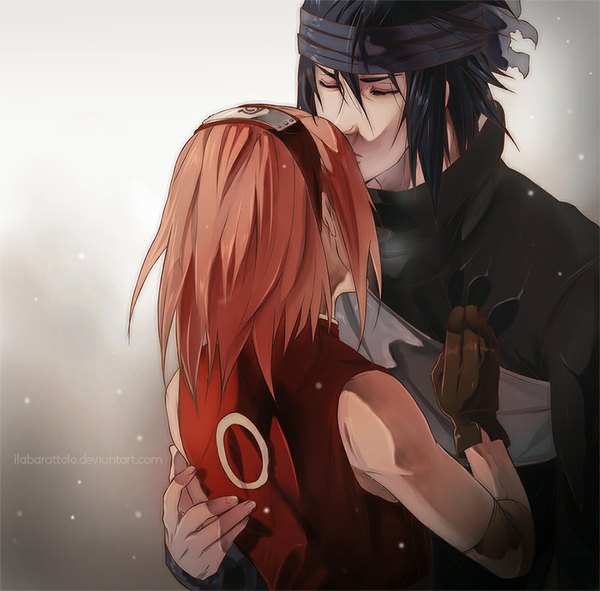 Anime picture 900x887 with naruto studio pierrot naruto (series) uchiha sasuke haruno sakura ilabarattolo (artist) short hair black hair simple background pink hair eyes closed grey background sleeveless hug back kiss forehead kiss girl boy gloves