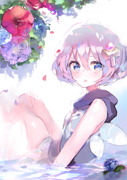 Anime picture 600x850 with original atsumi jun single tall image looking at viewer blush fringe short hair blue eyes hair between eyes pink hair wet sleeveless partially submerged hand on knee girl hair ornament flower (flowers) petals water