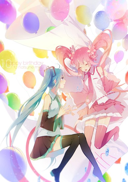 Anime picture 2480x3507 with vocaloid hatsune miku sakura miku zhibuji loom tall image highres open mouth twintails multiple girls pink hair eyes closed very long hair profile hair flower aqua hair character names ^ ^ happy birthday girl flower (flowers)