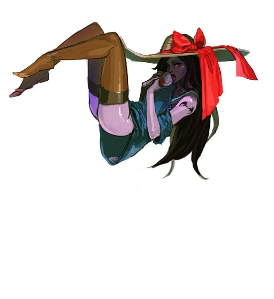 Anime picture 1000x1089 with adventure time marceline (adventure time) ppp single long hair tall image looking at viewer light erotic black hair simple background red eyes white background tattoo reclining licking weightlessness girl thighhighs bow hat