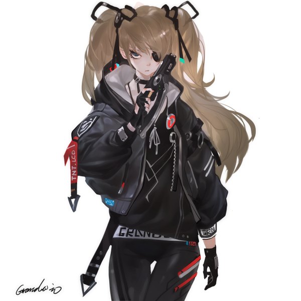 Anime picture 5000x5000 with neon genesis evangelion gainax soryu asuka langley grandialee single long hair highres blue eyes simple background brown hair white background signed absurdres open jacket two side up thigh gap girl gloves ribbon (ribbons) weapon