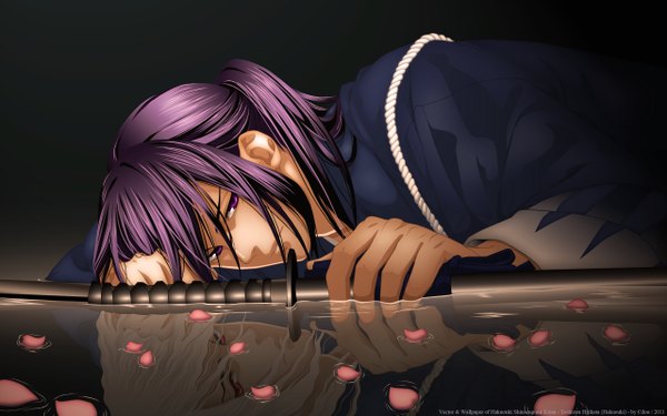 Anime picture 2560x1600 with hakuouki shinsengumi kitan studio deen hijikata toshizou (hakuouki) tagme (artist) highres short hair red eyes wide image purple eyes purple hair white hair traditional clothes japanese clothes reflection sad girl weapon sword kimono katana