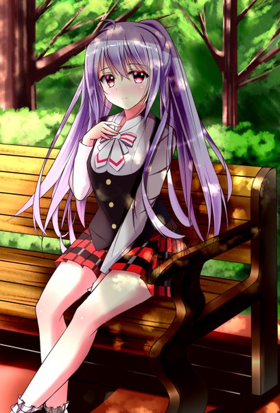 Anime picture 2007x2952 with plastic memories isla (plastic memories) tongtongtong single long hair tall image looking at viewer blush fringe highres hair between eyes red eyes sitting twintails payot purple hair ahoge long sleeves head tilt light smile