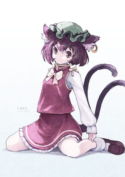 Anime picture 707x1000 with touhou chen satyuas single tall image looking at viewer short hair simple background sitting animal ears purple hair full body tail animal tail cat ears cat girl cat tail copyright name character names wariza