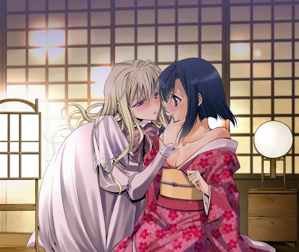 Anime picture 1127x950 with clockwork (manga) katsu itsu clara (clockwork) takano saku long hair blush short hair black hair blonde hair purple eyes multiple girls japanese clothes shoujo ai girl dress 2 girls kimono obi