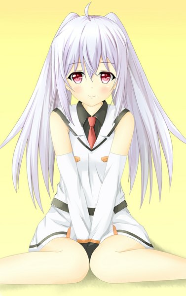 Anime picture 629x1000 with plastic memories isla (plastic memories) tear yu single long hair tall image blush fringe simple background smile red eyes sitting white hair yellow background girl detached sleeves necktie clothes