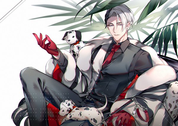 Anime picture 1364x968 with twisted wonderland divus crewel s (olath) single short hair blue eyes sitting white hair multicolored hair arm up two-tone hair boy gloves plant (plants) animal shirt necktie collar vest red gloves