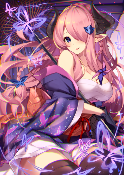 Anime picture 1500x2118 with granblue fantasy narmaya (granblue fantasy) homaderi single long hair tall image looking at viewer blush fringe breasts open mouth blue eyes light erotic smile large breasts sitting holding pink hair cleavage braid (braids)