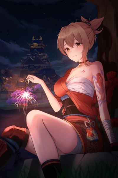 Anime picture 4000x6000 with genshin impact yoimiya (genshin impact) seo root single tall image blush fringe highres short hair breasts light erotic blonde hair smile hair between eyes sitting bare shoulders yellow eyes absurdres cloud (clouds) traditional clothes