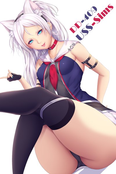 Anime picture 1170x1754 with azur lane sims (azur lane) shiro usagi single long hair tall image looking at viewer blush fringe breasts light erotic simple background smile white background sitting animal ears payot ass white hair nail polish