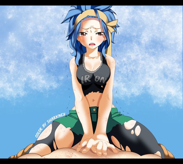 Anime picture 4008x3600 with fairy tail levy mcgarden sharknex blush highres short hair open mouth light erotic brown eyes signed blue hair looking away absurdres sleeveless solo focus crying hands clasped clothes writing torn pantyhose trembling