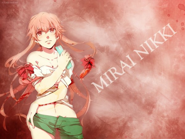 Anime picture 1280x960 with mirai nikki gasai yuno single long hair red eyes pink hair red background girl navel bow hair bow shorts blood phone