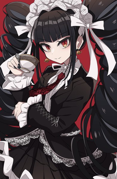 Anime picture 2876x4410 with dangan ronpa celestia ludenberg meiji (meizi493) single long hair tall image looking at viewer fringe highres black hair simple background smile red eyes twintails payot drill hair red background lolita fashion goth-loli girl