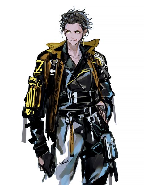 Anime picture 800x1030 with fire emblem fire emblem: three houses nintendo claude von riegan danhu single tall image short hair black hair simple background smile standing white background green eyes signed looking away alternate costume :q boy gloves