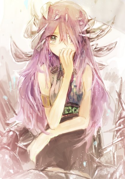 Anime picture 800x1151 with original pppply single long hair tall image looking at viewer fringe breasts purple eyes purple hair horn (horns) hair over one eye sleeveless symbol-shaped pupils scared girl