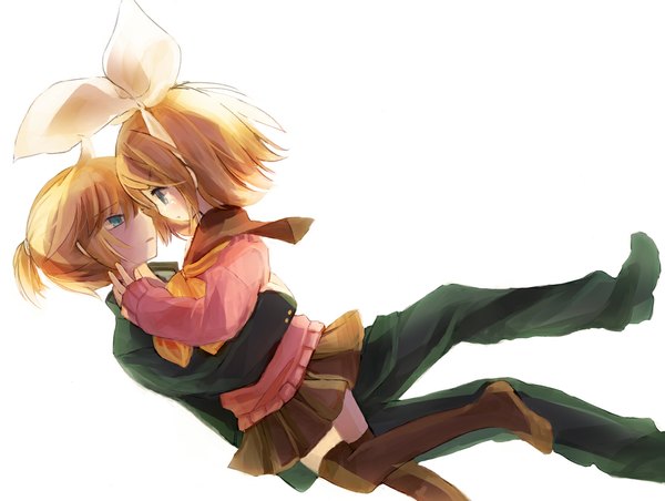 Anime picture 1102x832 with vocaloid kagamine rin kagamine len tagme (artist) short hair blue eyes simple background blonde hair white background hug incest twincest girl thighhighs boy skirt bow black thighhighs hair bow sweater