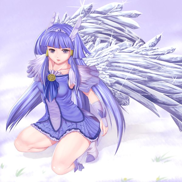 Anime picture 1516x1519 with precure smile precure! cure beauty harihisa single long hair tall image purple eyes blue hair legs girl dress hair ornament wings shoes boots crystal