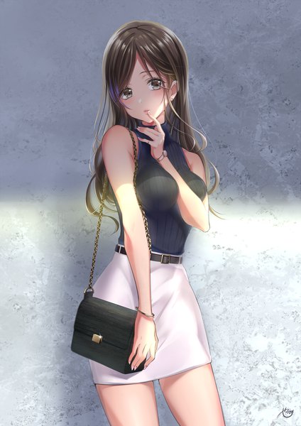 Anime picture 1272x1800 with original yache single long hair tall image looking at viewer blush fringe breasts brown hair standing brown eyes signed nail polish parted lips fingernails sleeveless between breasts pink nail polish girl