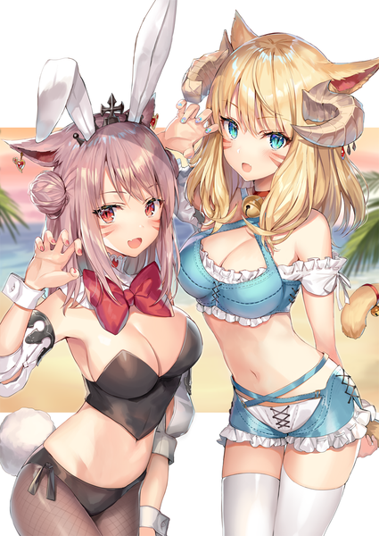 Anime picture 1000x1412 with final fantasy final fantasy xiv square enix miqo'te momoko (momopoco) long hair tall image looking at viewer blush fringe breasts open mouth blue eyes light erotic blonde hair hair between eyes red eyes brown hair standing multiple girls