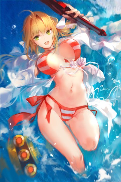 Anime picture 1418x2126 with fate (series) fate/grand order fate/extra nero claudius (fate) (all) nero claudius (swimsuit caster) (fate) swd3e2 single long hair tall image breasts open mouth light erotic blonde hair holding green eyes signed looking away ahoge bent knee (knees) teeth
