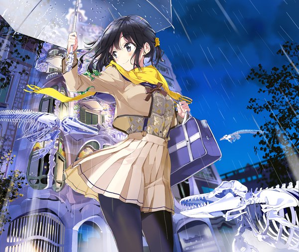Anime picture 1055x890 with original tiv single blush fringe short hair breasts black hair smile hair between eyes standing holding payot looking away sky outdoors ponytail long sleeves head tilt pleated skirt