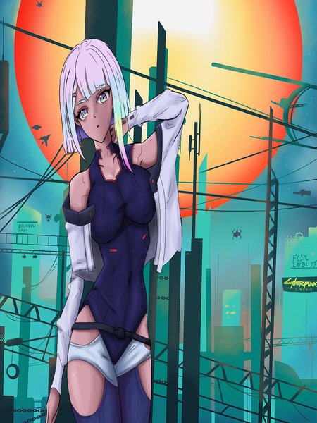 Anime picture 1080x1440 with cyberpunk edgerunners original studio trigger lucy (cyberpunk) rainbow d fox single tall image looking at viewer fringe short hair breasts light erotic standing white hair blunt bangs long sleeves head tilt arm up off shoulder open jacket