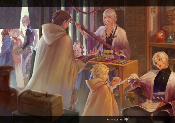 Anime picture 1600x1130 with original pixiv fantasia pixiv fantasia sword regalia axis (artist) long hair short hair open mouth blue eyes blonde hair red eyes brown hair standing sitting purple eyes brown eyes white hair ponytail indoors eyes closed inscription