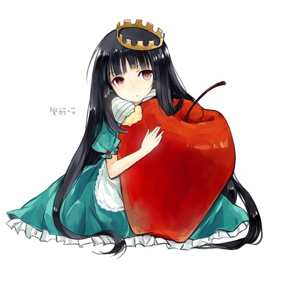 Anime picture 858x858 with marchen schneewittchen juexing (moemoe3345) single long hair looking at viewer fringe black hair simple background red eyes white background sitting girl dress apron fruit crown blue dress apple
