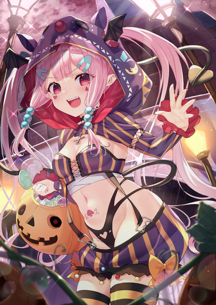 Anime picture 1447x2047 with original tsukiman single tall image looking at viewer open mouth light erotic twintails pink hair tail very long hair :d pink eyes teeth tattoo facial mark striped halloween demon tail girl