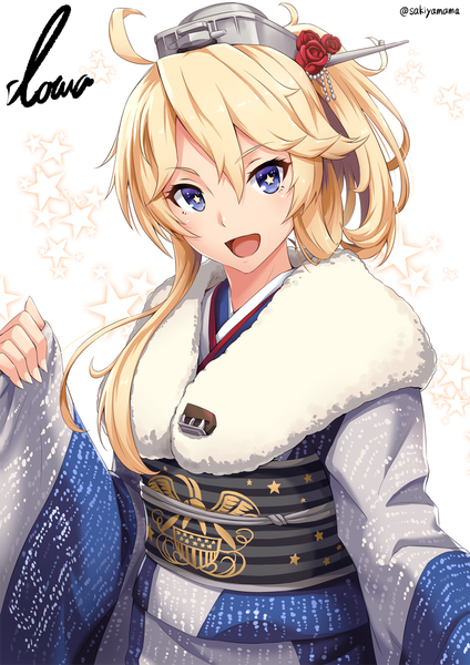 Anime picture 800x1131 with kantai collection iowa (kantai collection) sakiyamama single long hair tall image looking at viewer blush fringe open mouth blue eyes simple background blonde hair smile hair between eyes standing white background signed ahoge traditional clothes