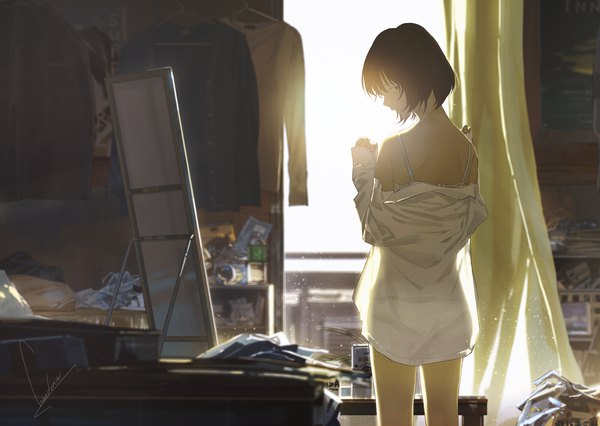 Anime picture 1835x1304 with original loundraw single highres short hair light erotic brown hair standing bare shoulders brown eyes signed indoors long sleeves profile looking back from behind sunlight blurry sparkle sleeves past wrists