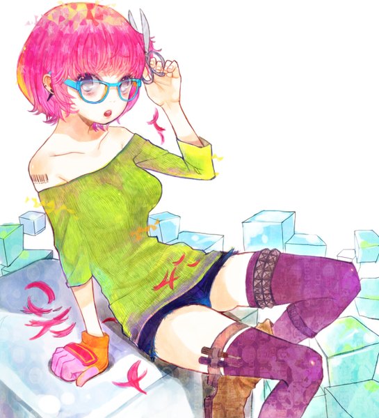 Anime picture 1200x1320 with original sono (pixiv) single tall image short hair open mouth purple eyes pink hair girl thighhighs underwear panties glasses sweater cut