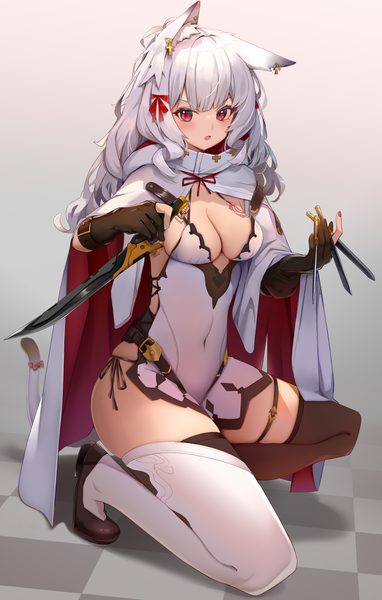 Anime picture 1912x3000 with original hukahire0120 single long hair tall image looking at viewer blush highres breasts open mouth light erotic simple background red eyes large breasts holding animal ears silver hair full body bent knee (knees) tail