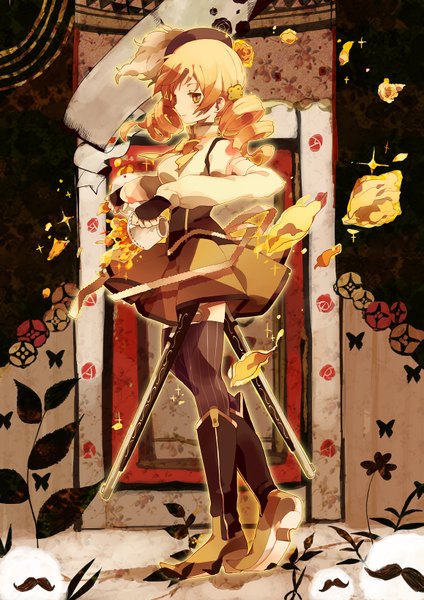 Anime picture 1157x1636 with mahou shoujo madoka magica shaft (studio) tomoe mami maruino (artist) single tall image blonde hair twintails yellow eyes drill hair girl thighhighs gloves flower (flowers) weapon hat gun insect butterfly striped thighhighs