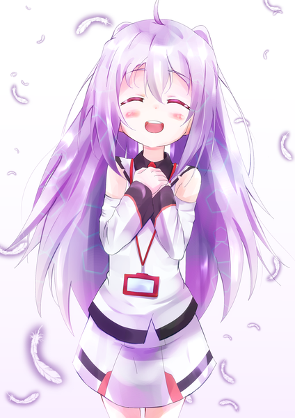 Anime picture 1447x2047 with plastic memories isla (plastic memories) pengin maru single long hair tall image blush fringe open mouth simple background smile white background purple hair eyes closed girl detached sleeves feather (feathers) clothes