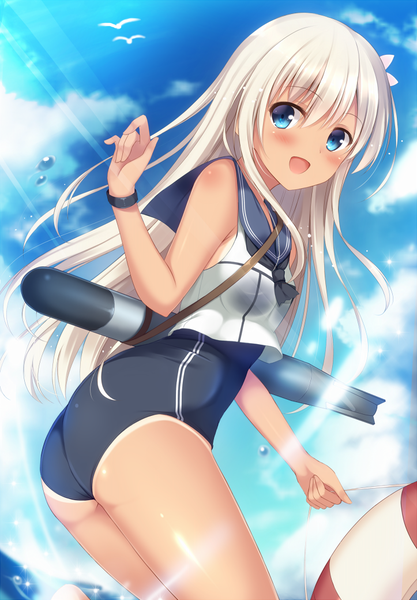 Anime picture 723x1039 with kantai collection ro-500 submarine tomoo (tomo) single long hair tall image blush open mouth blue eyes light erotic smile sky cloud (clouds) white hair :d looking back sunlight sunbeam girl swimsuit