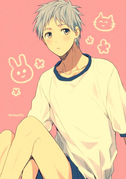 Anime picture 600x848 with kuroko no basket production i.g kuroko tetsuya mashima shima single tall image blush short hair simple background sitting signed looking away grey hair grey eyes pink background boy uniform gym uniform flower (symbol)